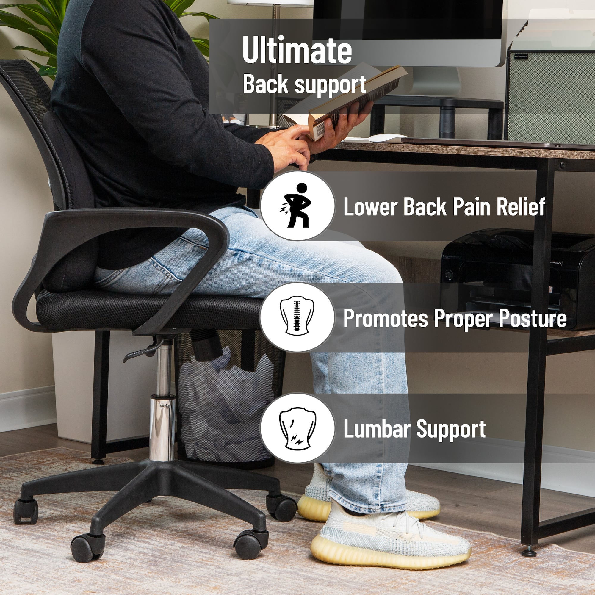 Mind Reader 15.25" Black Lumbar Support Memory Foam Pillow with Air-Cloud Technology